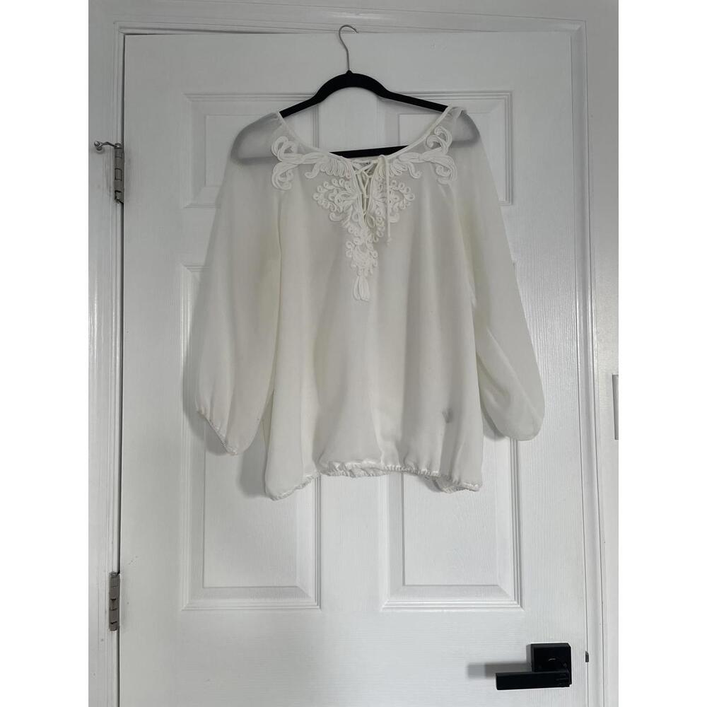 Max Studio - White Long Sleeve Blouse with Embroidered Detail - Size M